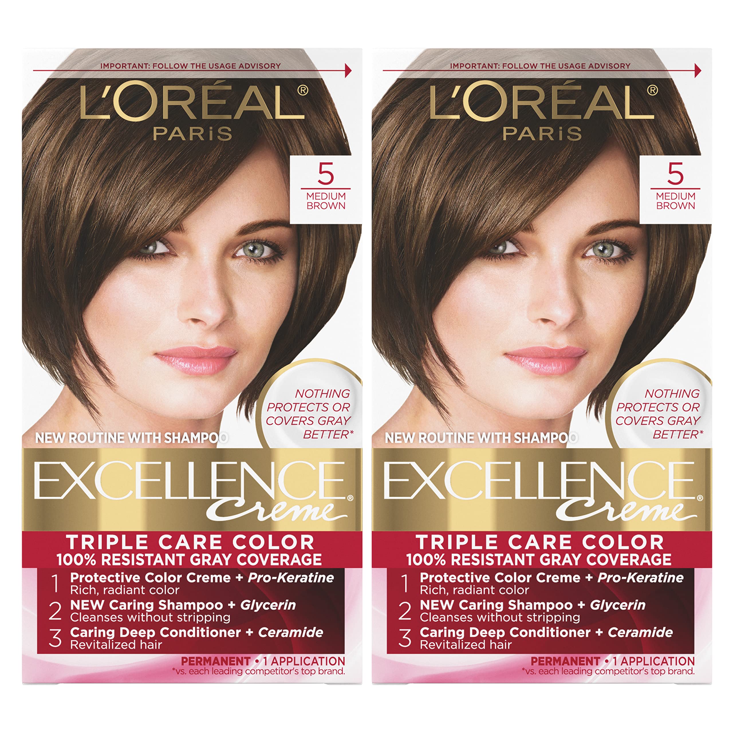 L’Oréal Paris Excellence Creme Permanent Hair Color, 5 Medium Brown, 100 percent Gray Coverage Hair Dye, Pack of 2